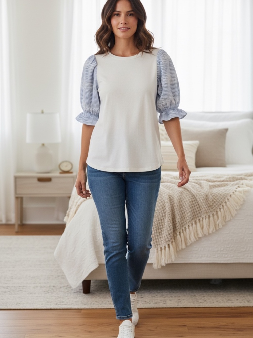 Cupio Women's Cream Split-Sleeve Tee with Blue Stripe Puff Sleeves size Large